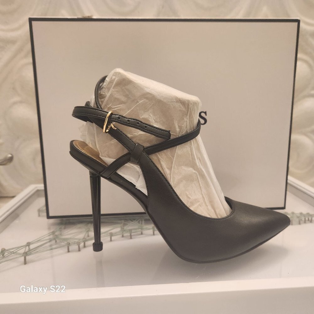 GUESS Black Pointed Toe Stiletto Slingback Heels with Gold Buckle